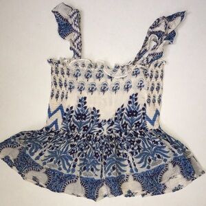 Bell India Blue & White Boho Silk Cotton Ruffle Strap Peplum Top | Size S